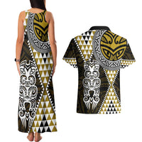 Yellow Aotearoa Niho Taniwha Couples Matching Tank Maxi Dress and Hawaiian Shirt Maori Mythology Tooth - Taniko Motifs