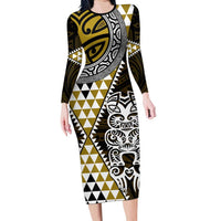 Yellow Aotearoa Niho Taniwha Family Matching Long Sleeve Bodycon Dress and Hawaiian Shirt Maori Mythology Tooth - Taniko Motifs