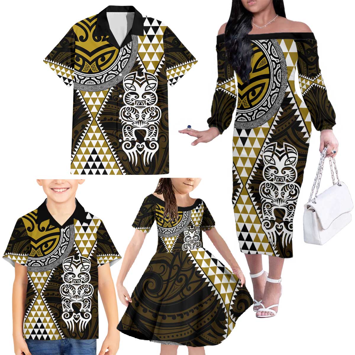 Yellow Aotearoa Niho Taniwha Family Matching Off The Shoulder Long Sleeve Dress and Hawaiian Shirt Maori Mythology Tooth - Taniko Motifs