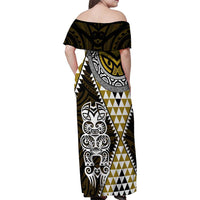 Yellow Aotearoa Niho Taniwha Family Matching Off Shoulder Maxi Dress and Hawaiian Shirt Maori Mythology Tooth - Taniko Motifs