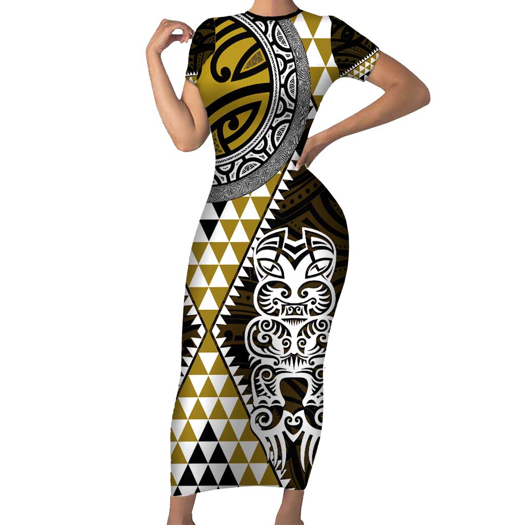 Yellow Aotearoa Niho Taniwha Family Matching Short Sleeve Bodycon Dress and Hawaiian Shirt Maori Mythology Tooth - Taniko Motifs
