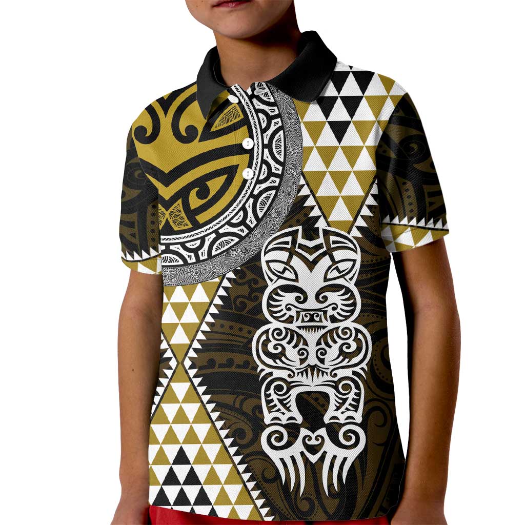 Yellow Aotearoa Niho Taniwha Kid Polo Shirt Maori Mythology Tooth - Taniko Motifs