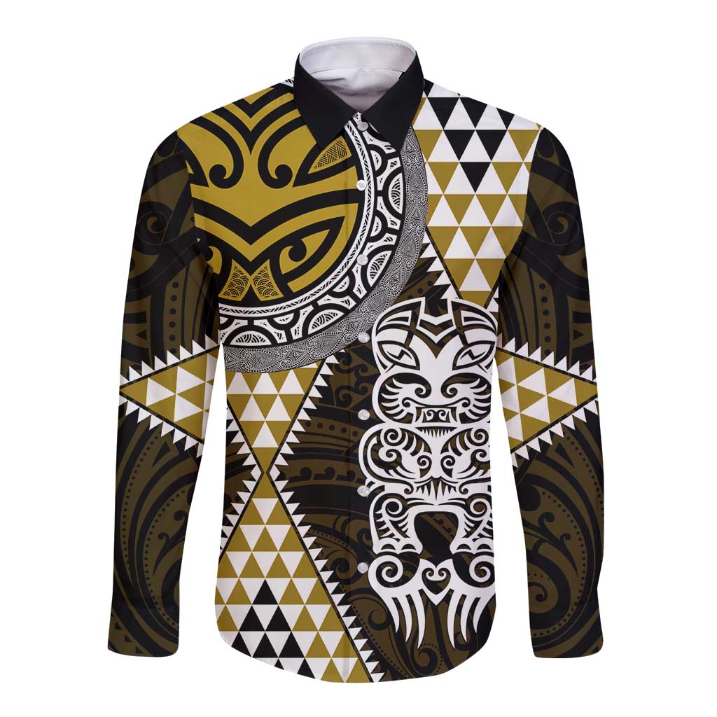 Yellow Aotearoa Niho Taniwha Long Sleeve Button Shirt Maori Mythology Tooth - Taniko Motifs