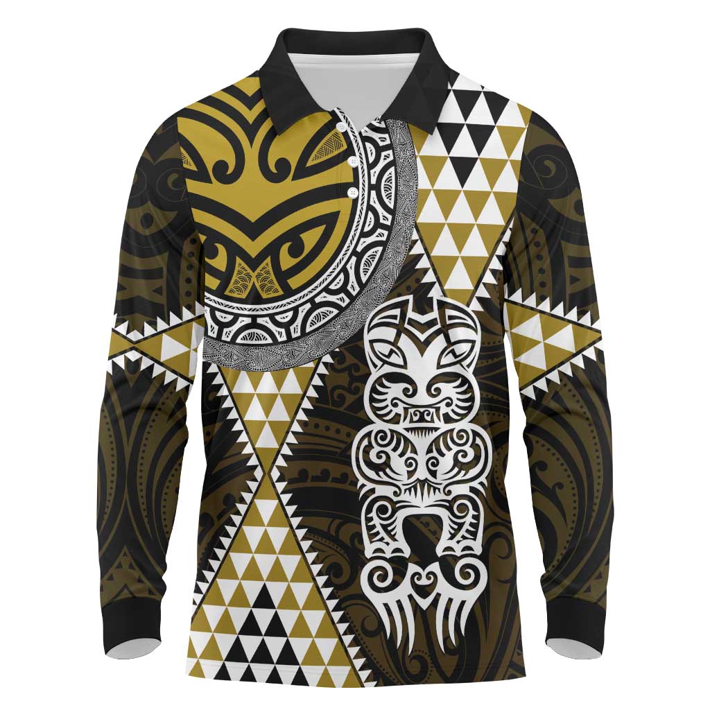 Yellow Aotearoa Niho Taniwha Long Sleeve Polo Shirt Maori Mythology Tooth - Taniko Motifs