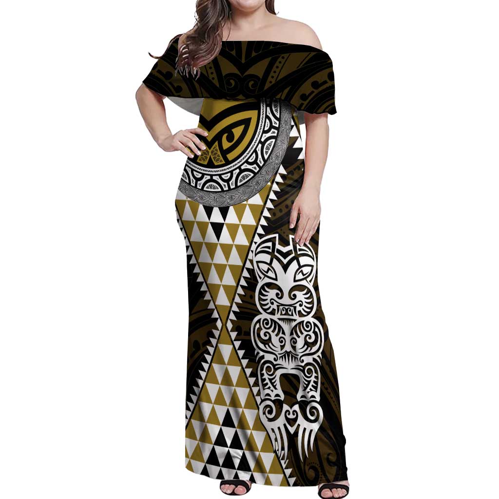 Yellow Aotearoa Niho Taniwha Off Shoulder Maxi Dress Maori Mythology Tooth - Taniko Motifs