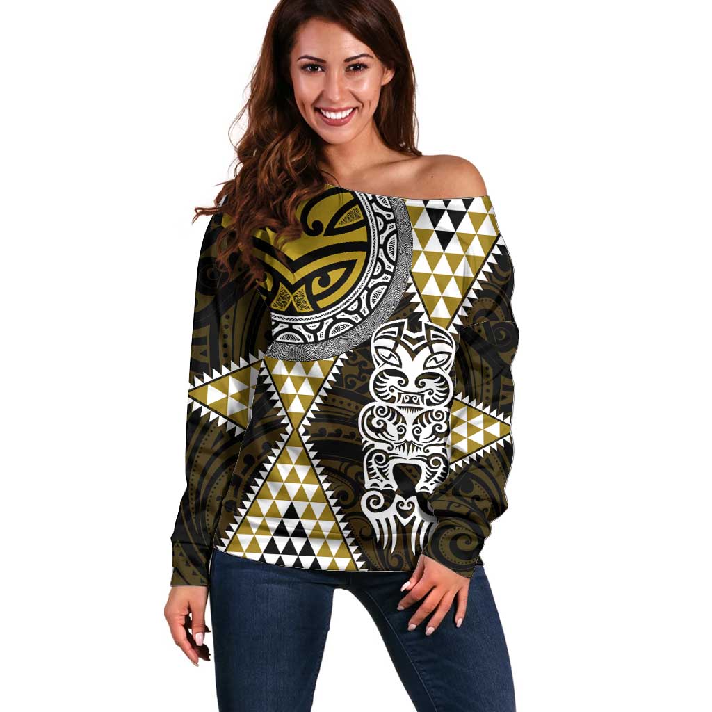 Yellow Aotearoa Niho Taniwha Off Shoulder Sweater Maori Mythology Tooth - Taniko Motifs