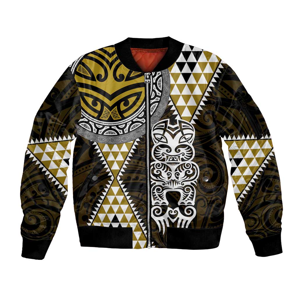 Yellow Aotearoa Niho Taniwha Sleeve Zip Bomber Jacket Maori Mythology Tooth - Taniko Motifs