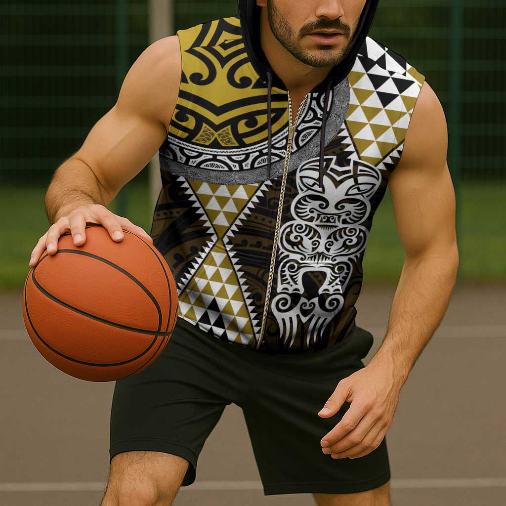 Yellow Aotearoa Niho Taniwha Sleeveless Zip Hoodie Maori Mythology Tooth - Taniko Motifs - Polynesian Pride
