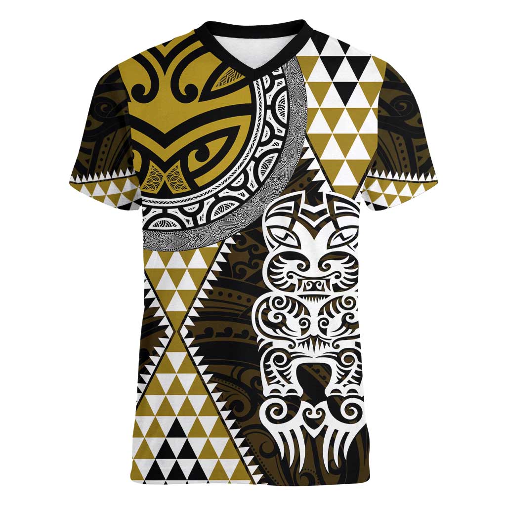 Yellow Aotearoa Niho Taniwha Women V-Neck T-Shirt Maori Mythology Tooth - Taniko Motifs