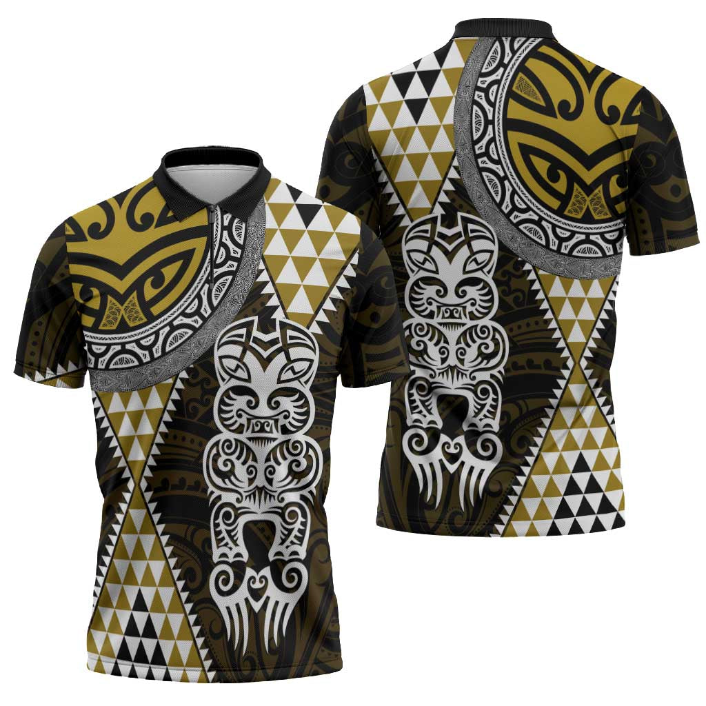 Yellow Aotearoa Niho Taniwha Zipper Polo Shirt Maori Mythology Tooth - Taniko Motifs - Polynesian Pride