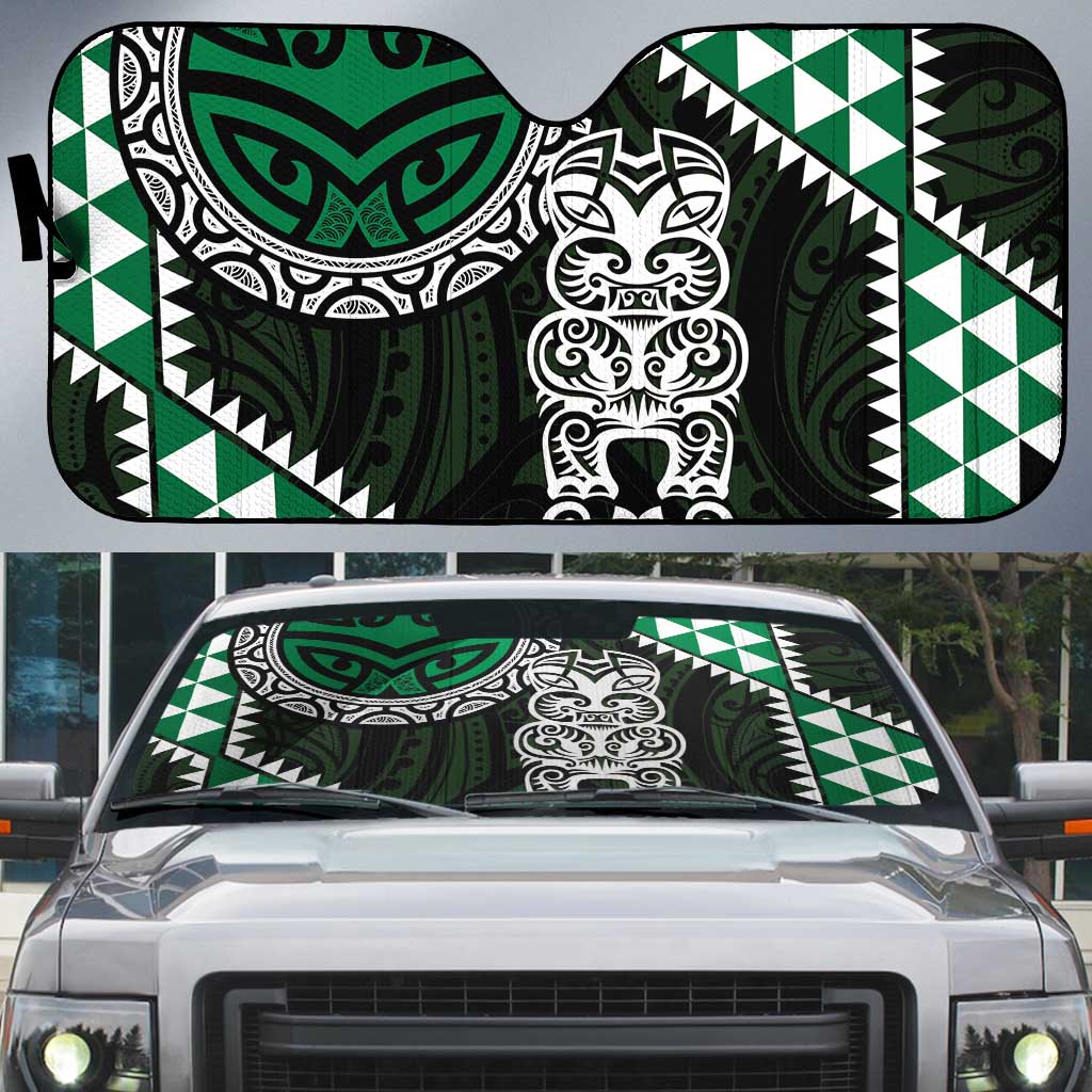 Green Aotearoa Niho Taniwha Auto Sun Shade Maori Mythology Tooth - Taniko Motifs LT14 Green - Polynesian Pride