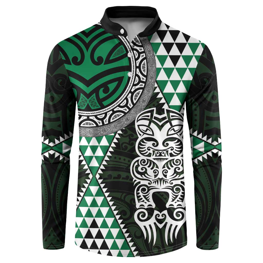 Green Aotearoa Niho Taniwha Button Sweatshirt Maori Mythology Tooth - Taniko Motifs