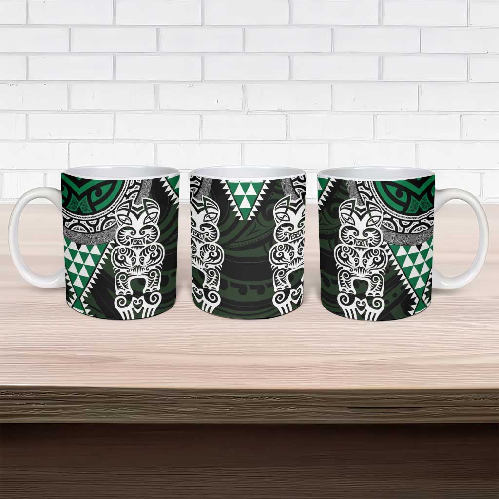 Green Aotearoa Niho Taniwha Ceramic Mug Maori Mythology Tooth - Taniko Motifs - Polynesian Pride