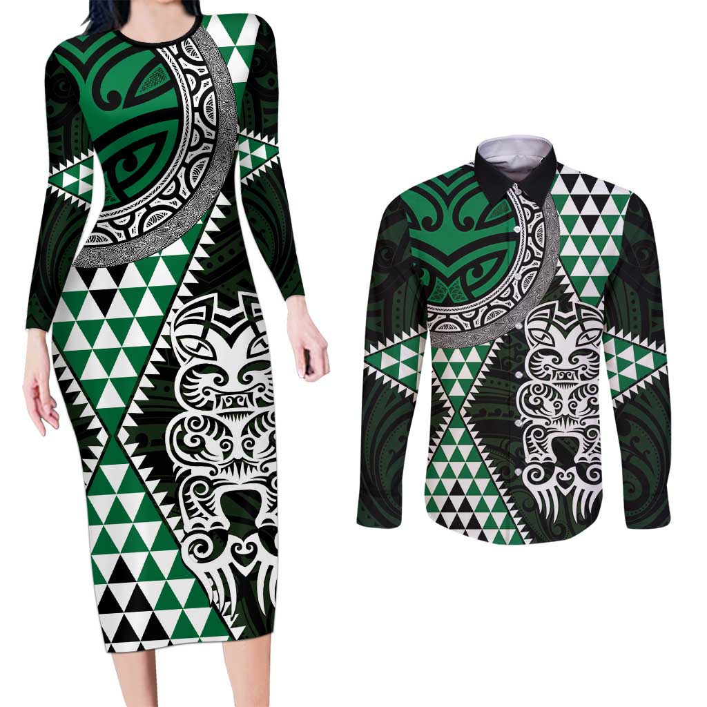 Green Aotearoa Niho Taniwha Couples Matching Long Sleeve Bodycon Dress and Long Sleeve Button Shirt Maori Mythology Tooth - Taniko Motifs