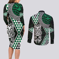 Green Aotearoa Niho Taniwha Couples Matching Long Sleeve Bodycon Dress and Long Sleeve Button Shirt Maori Mythology Tooth - Taniko Motifs LT14 - Polynesian Pride