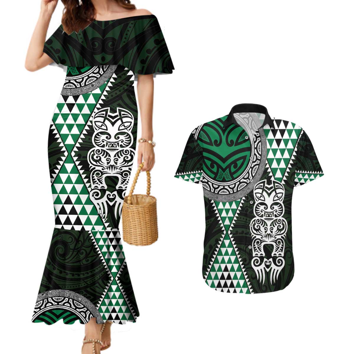 Green Aotearoa Niho Taniwha Couples Matching Mermaid Dress and Hawaiian Shirt Maori Mythology Tooth - Taniko Motifs