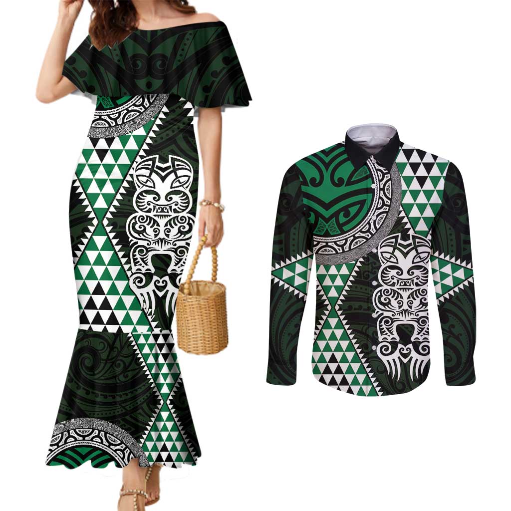 Green Aotearoa Niho Taniwha Couples Matching Mermaid Dress and Long Sleeve Button Shirt Maori Mythology Tooth - Taniko Motifs