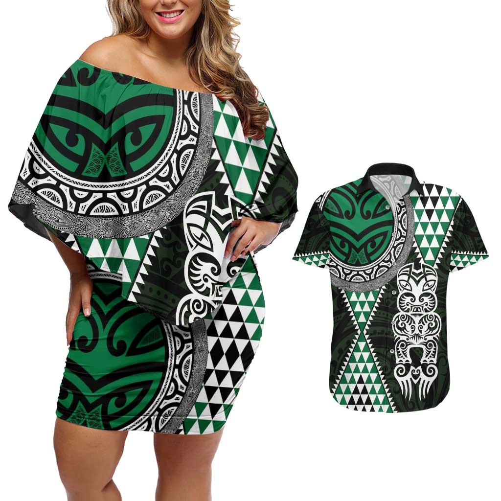 Green Aotearoa Niho Taniwha Couples Matching Off Shoulder Short Dress and Hawaiian Shirt Maori Mythology Tooth - Taniko Motifs