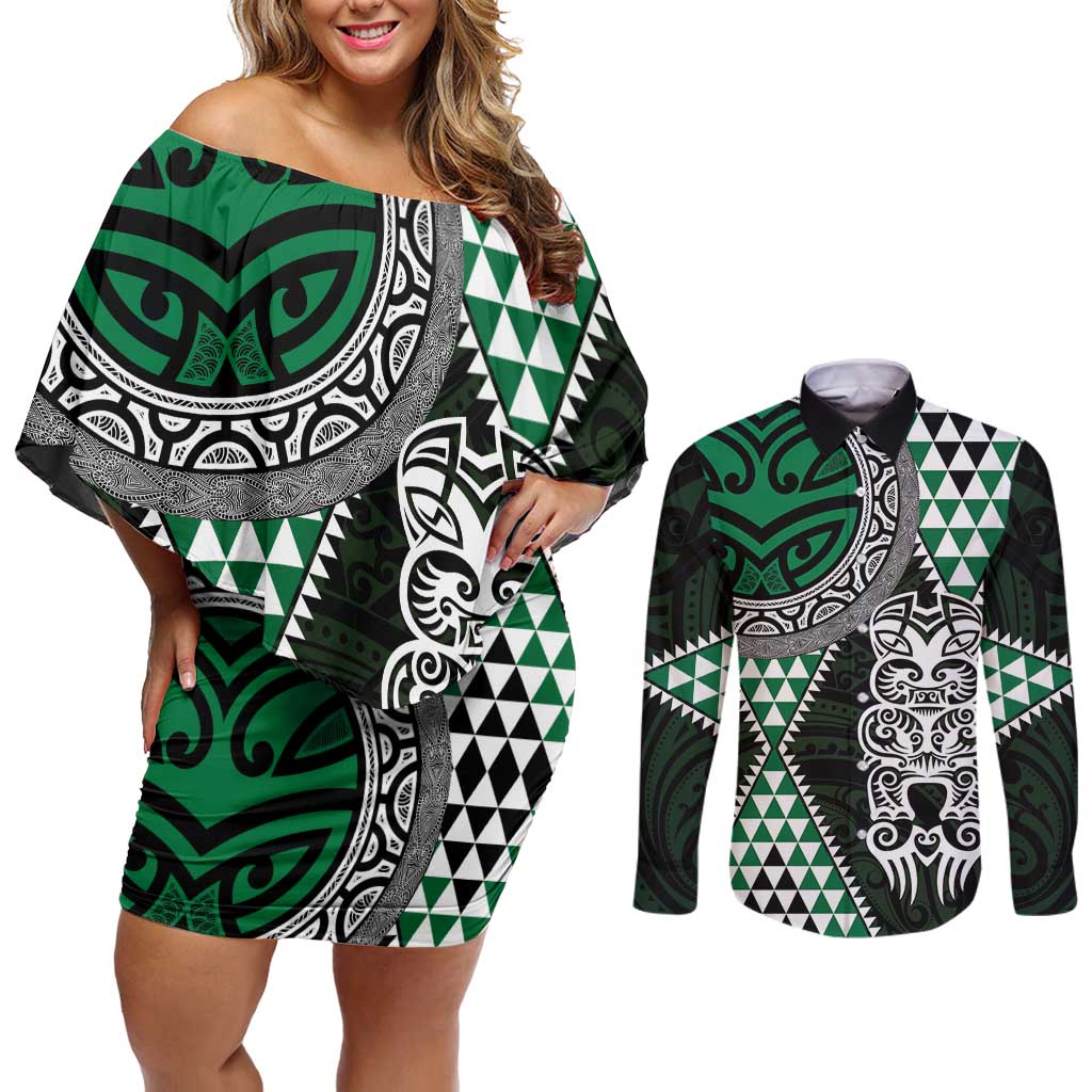 Green Aotearoa Niho Taniwha Couples Matching Off Shoulder Short Dress and Long Sleeve Button Shirt Maori Mythology Tooth - Taniko Motifs