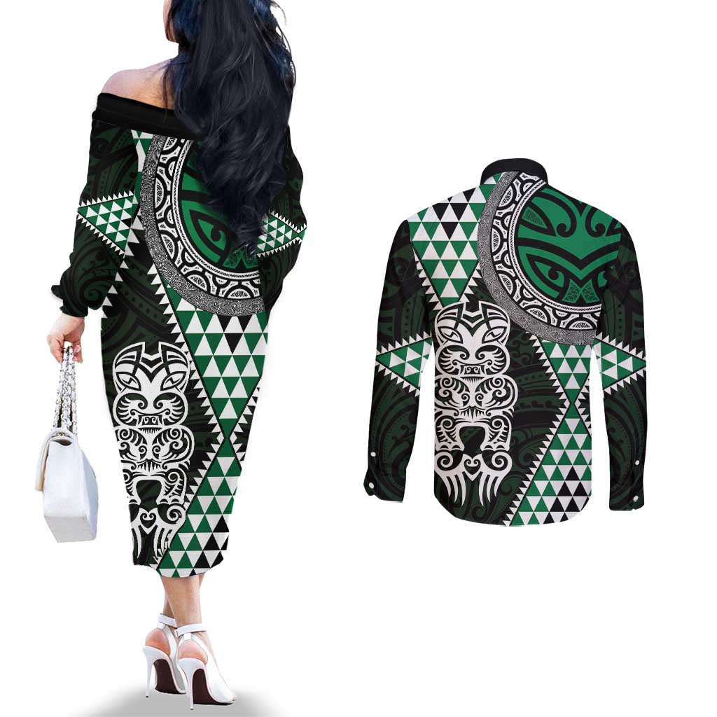 Green Aotearoa Niho Taniwha Couples Matching Off The Shoulder Long Sleeve Dress and Long Sleeve Button Shirt Maori Mythology Tooth - Taniko Motifs LT14 - Polynesian Pride