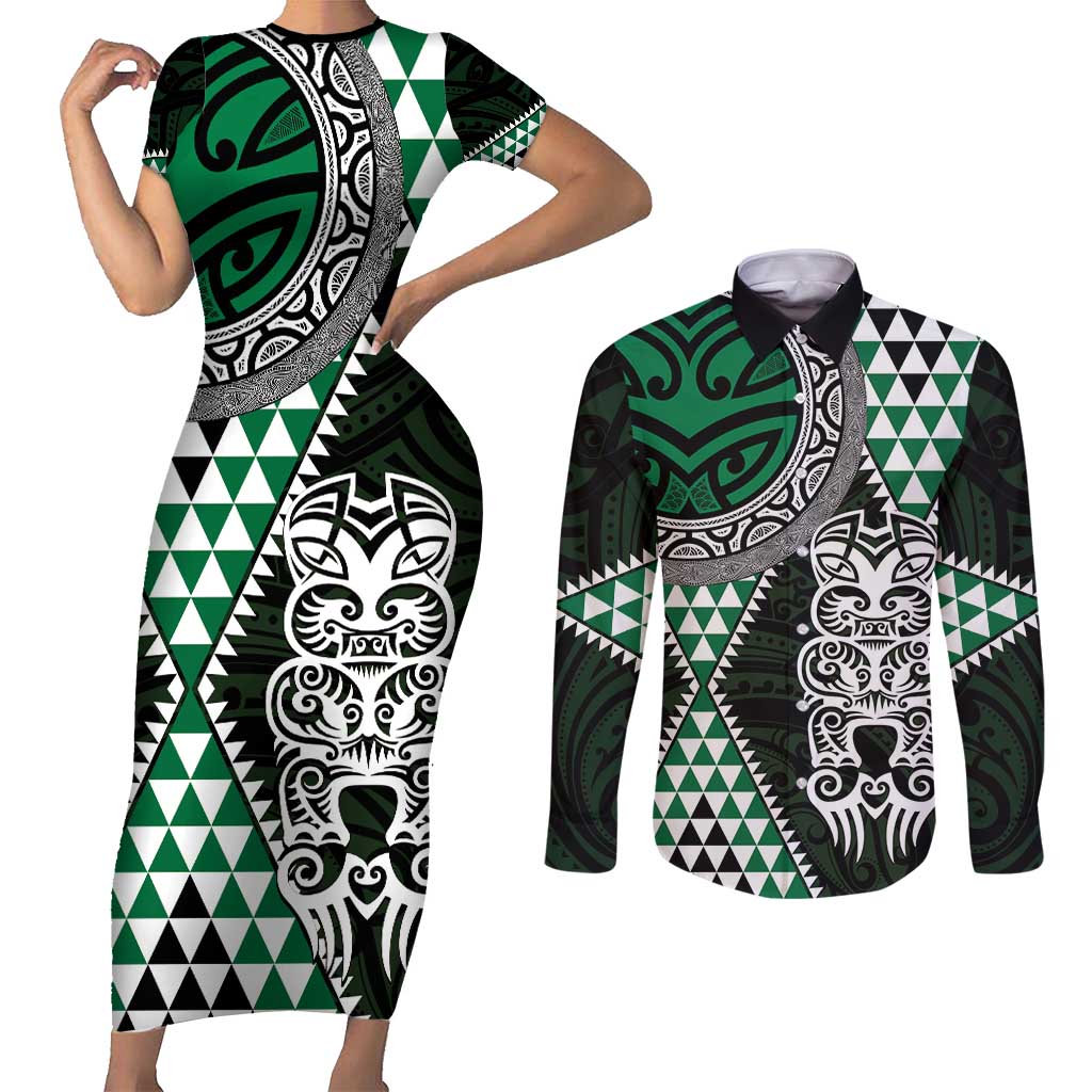 Green Aotearoa Niho Taniwha Couples Matching Short Sleeve Bodycon Dress and Long Sleeve Button Shirt Maori Mythology Tooth - Taniko Motifs