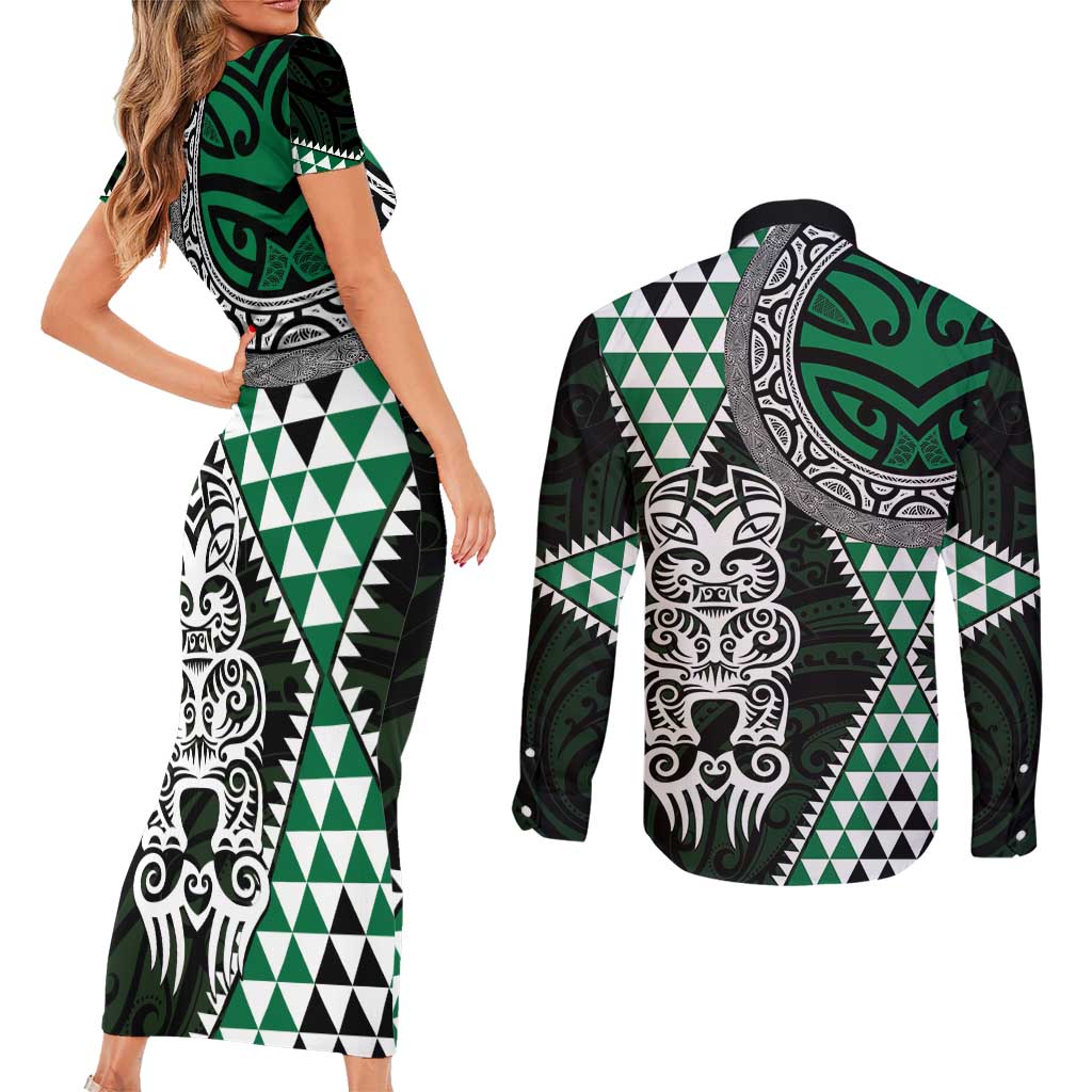 Green Aotearoa Niho Taniwha Couples Matching Short Sleeve Bodycon Dress and Long Sleeve Button Shirt Maori Mythology Tooth - Taniko Motifs LT14 - Polynesian Pride