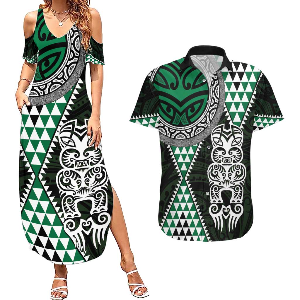 Green Aotearoa Niho Taniwha Couples Matching Summer Maxi Dress and Hawaiian Shirt Maori Mythology Tooth - Taniko Motifs