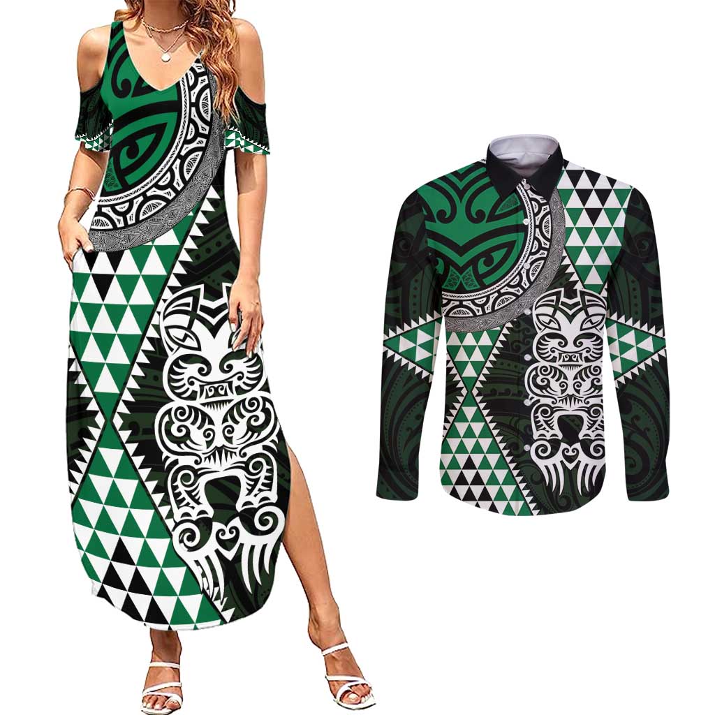 Green Aotearoa Niho Taniwha Couples Matching Summer Maxi Dress and Long Sleeve Button Shirt Maori Mythology Tooth - Taniko Motifs