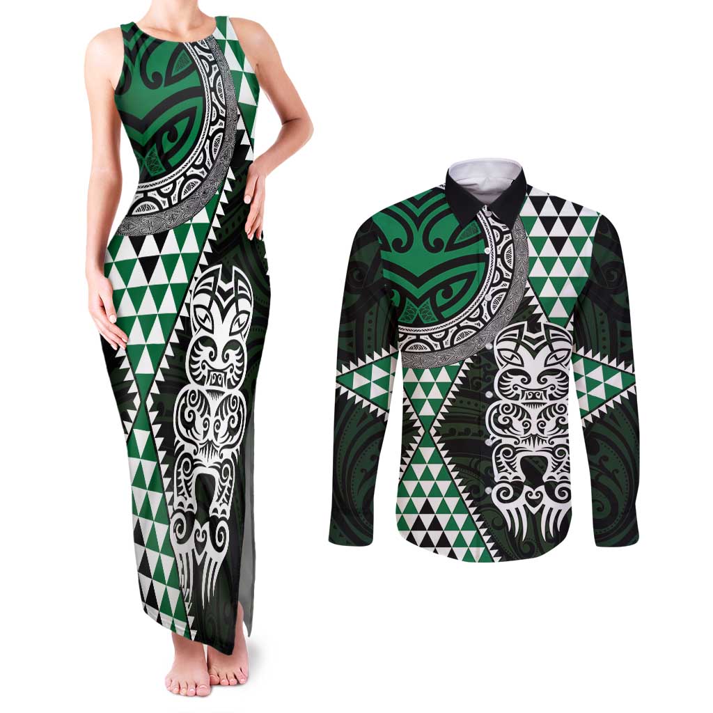 Green Aotearoa Niho Taniwha Couples Matching Tank Maxi Dress and Long Sleeve Button Shirt Maori Mythology Tooth - Taniko Motifs