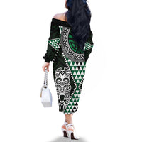 Green Aotearoa Niho Taniwha Family Matching Off The Shoulder Long Sleeve Dress and Hawaiian Shirt Maori Mythology Tooth - Taniko Motifs