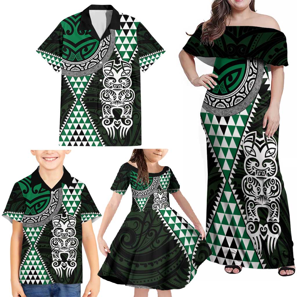 Green Aotearoa Niho Taniwha Family Matching Off Shoulder Maxi Dress and Hawaiian Shirt Maori Mythology Tooth - Taniko Motifs