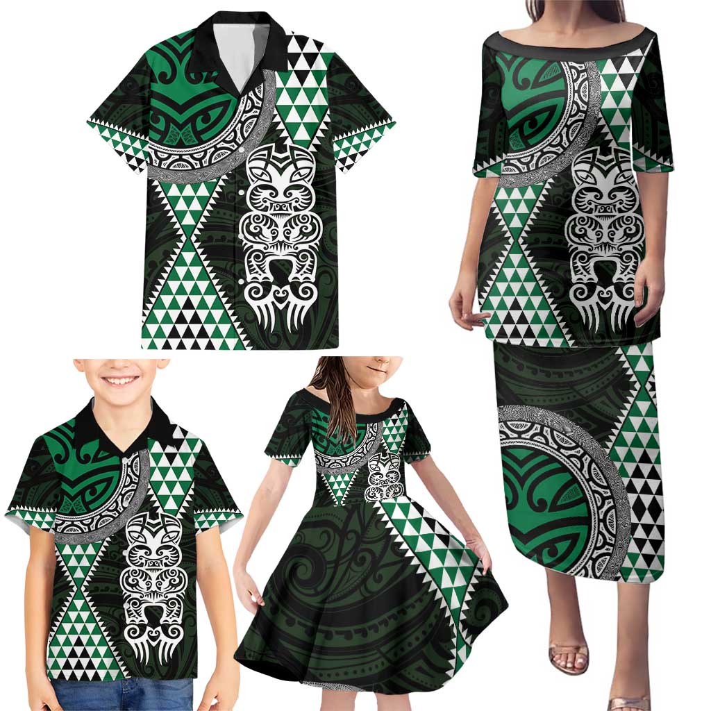 Green Aotearoa Niho Taniwha Family Matching Puletasi and Hawaiian Shirt Maori Mythology Tooth - Taniko Motifs