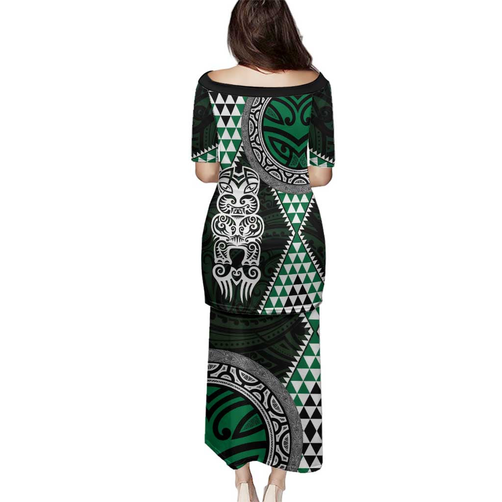 Green Aotearoa Niho Taniwha Family Matching Puletasi and Hawaiian Shirt Maori Mythology Tooth - Taniko Motifs