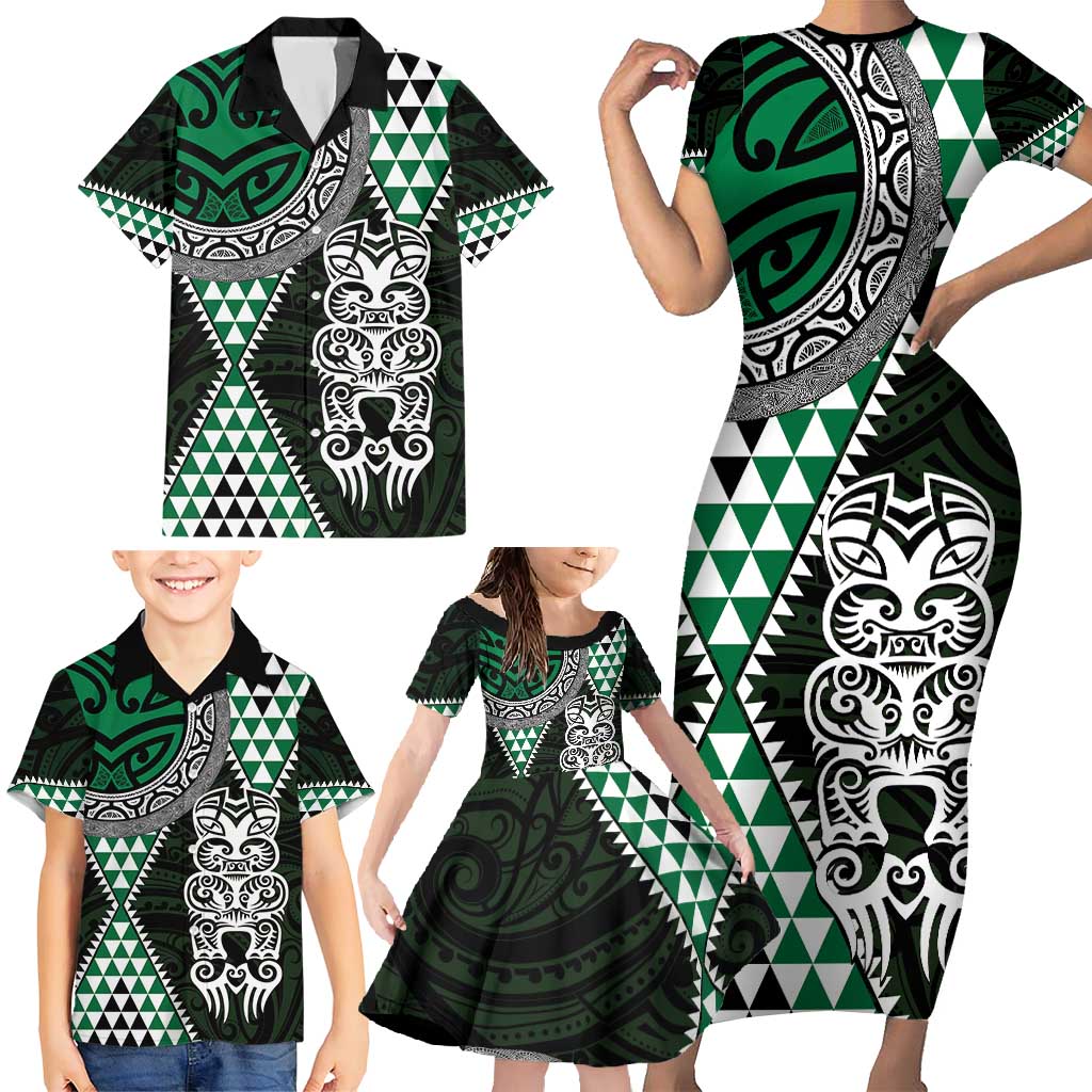 Green Aotearoa Niho Taniwha Family Matching Short Sleeve Bodycon Dress and Hawaiian Shirt Maori Mythology Tooth - Taniko Motifs