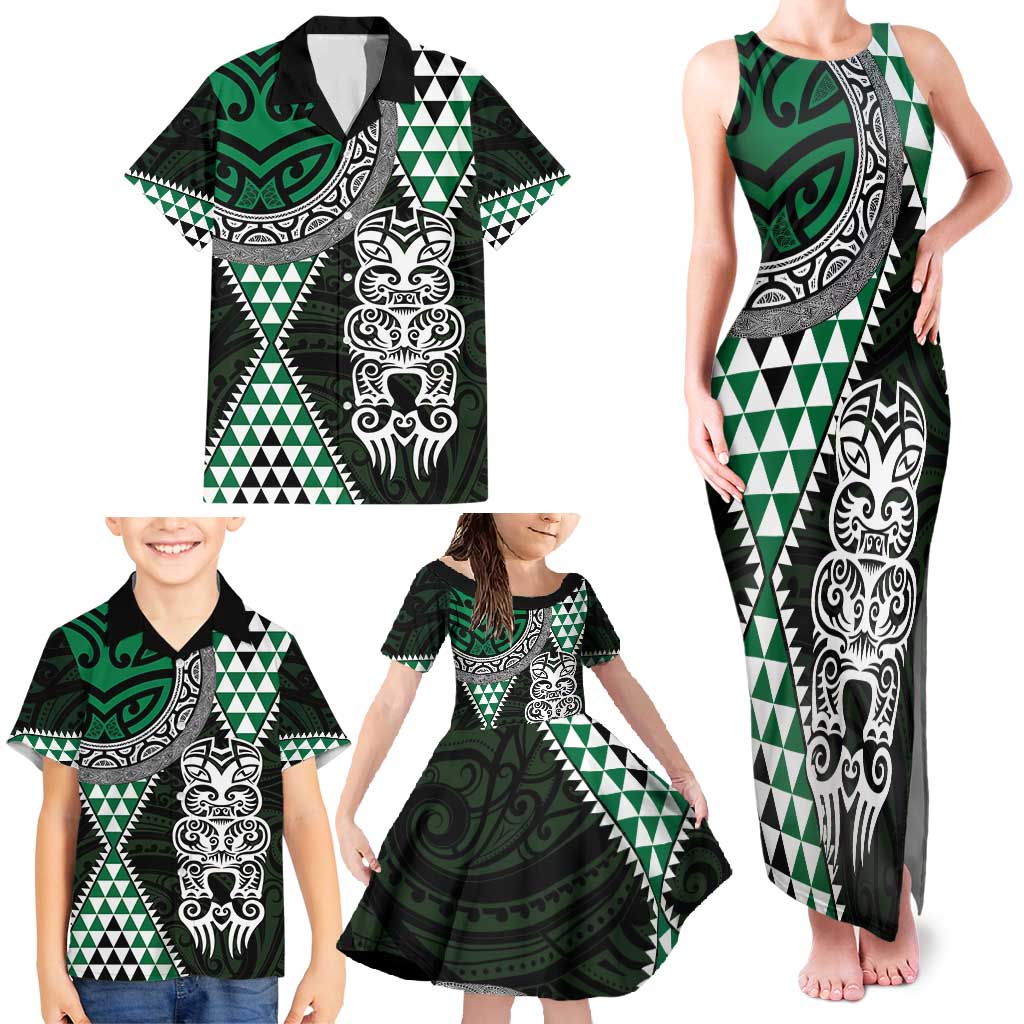 Green Aotearoa Niho Taniwha Family Matching Tank Maxi Dress and Hawaiian Shirt Maori Mythology Tooth - Taniko Motifs