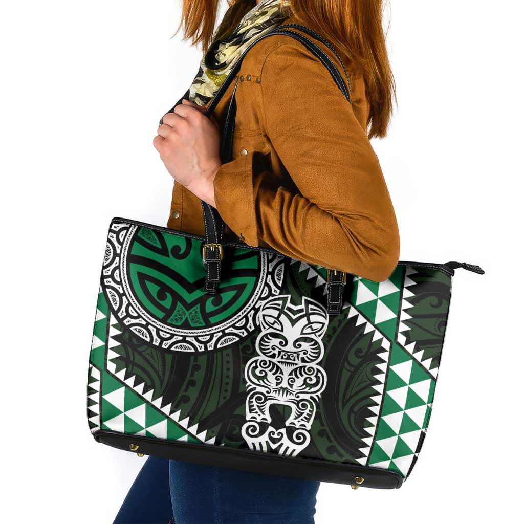 Green Aotearoa Niho Taniwha Leather Tote Bag Maori Mythology Tooth - Taniko Motifs