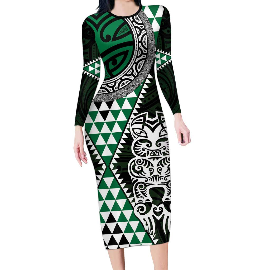 Green Aotearoa Niho Taniwha Long Sleeve Bodycon Dress Maori Mythology Tooth - Taniko Motifs