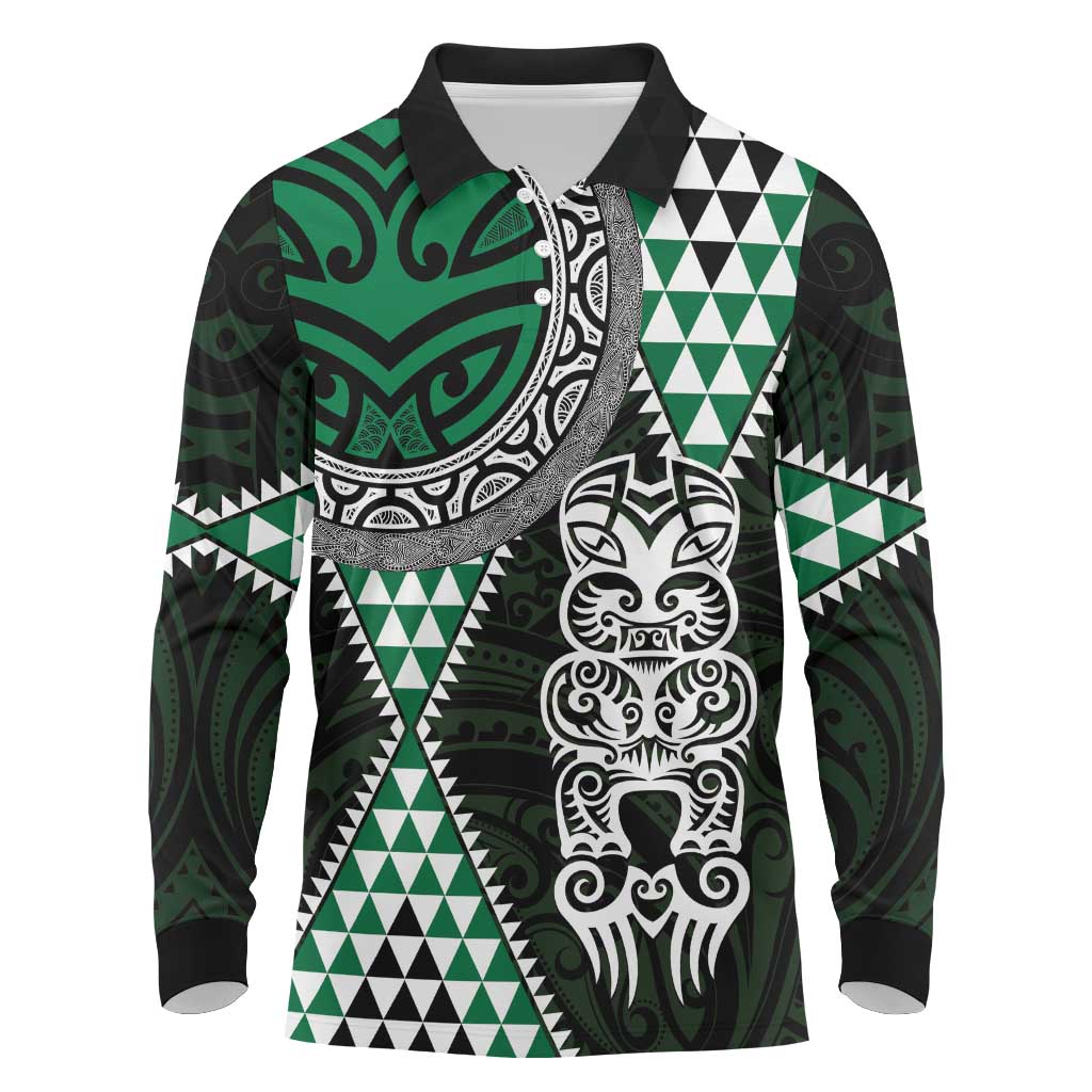 Green Aotearoa Niho Taniwha Long Sleeve Polo Shirt Maori Mythology Tooth - Taniko Motifs