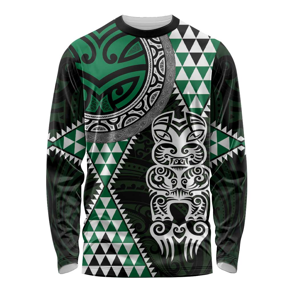 Green Aotearoa Niho Taniwha Long Sleeve Shirt Maori Mythology Tooth - Taniko Motifs