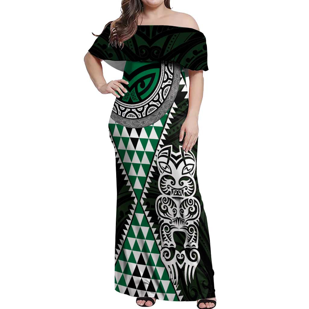 Green Aotearoa Niho Taniwha Off Shoulder Maxi Dress Maori Mythology Tooth - Taniko Motifs