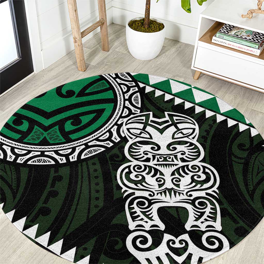 Green Aotearoa Niho Taniwha Round Carpet Maori Mythology Tooth - Taniko Motifs