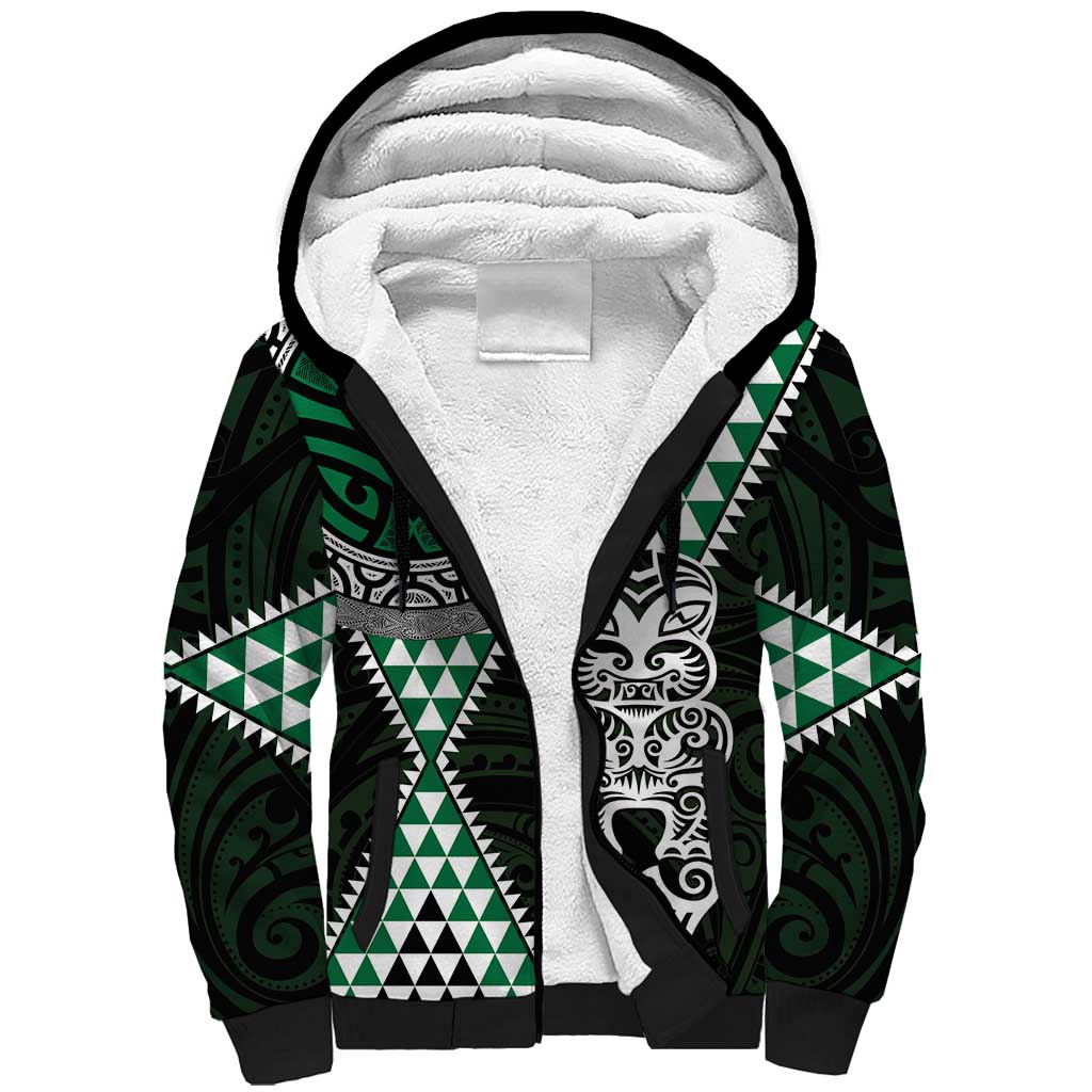 Green Aotearoa Niho Taniwha Sherpa Hoodie Maori Mythology Tooth - Taniko Motifs