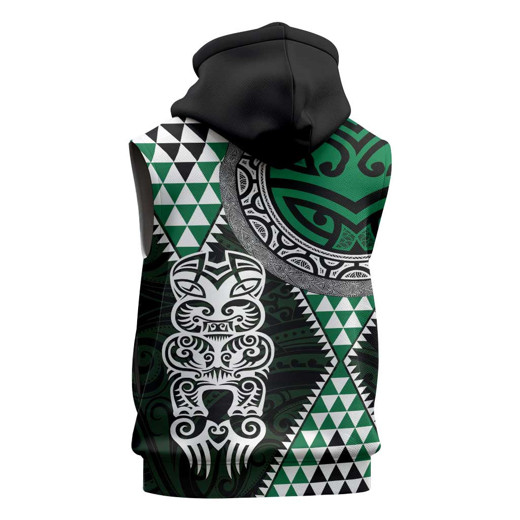 Green Aotearoa Niho Taniwha Sleeveless Zip Hoodie Maori Mythology Tooth - Taniko Motifs - Polynesian Pride