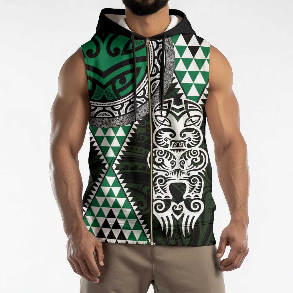 Green Aotearoa Niho Taniwha Sleeveless Zip Hoodie Maori Mythology Tooth - Taniko Motifs - Polynesian Pride
