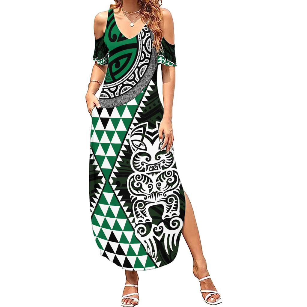 Green Aotearoa Niho Taniwha Summer Maxi Dress Maori Mythology Tooth - Taniko Motifs