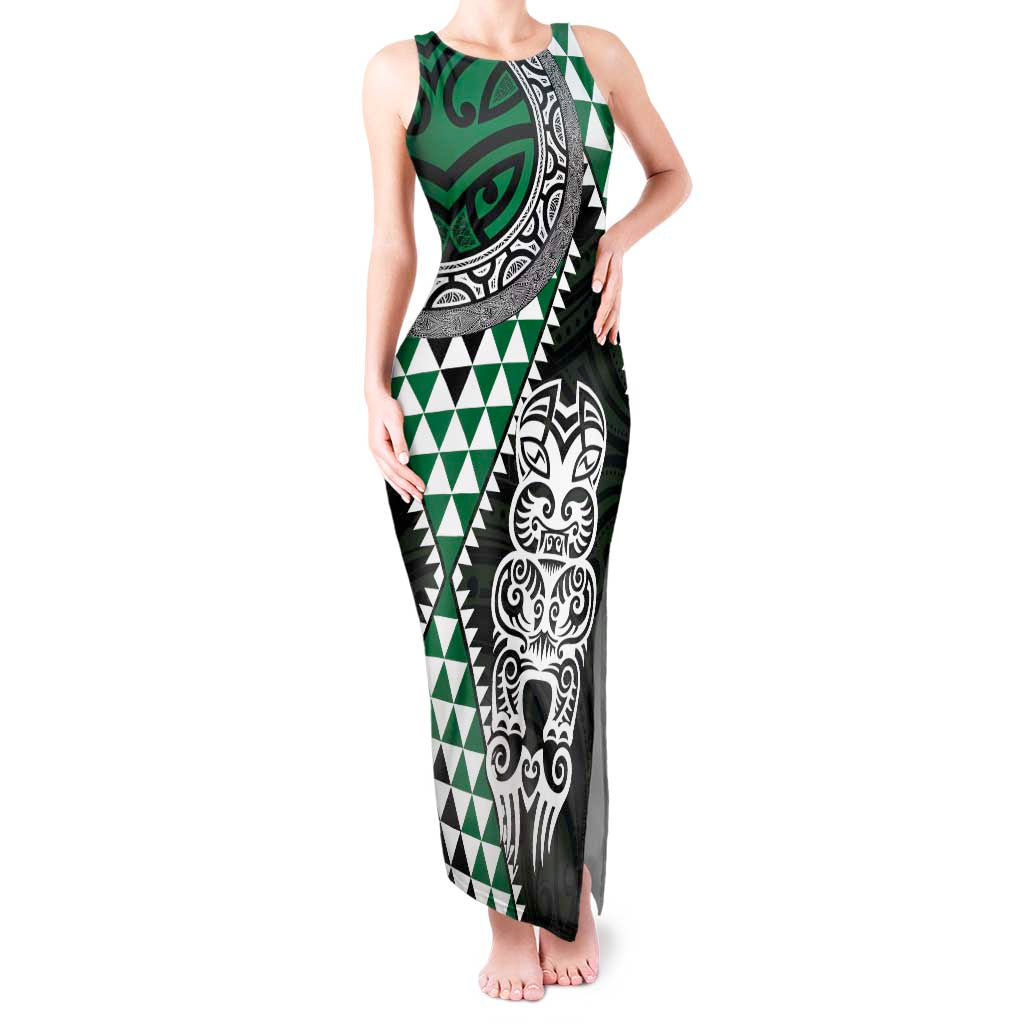 Green Aotearoa Niho Taniwha Tank Maxi Dress Maori Mythology Tooth - Taniko Motifs