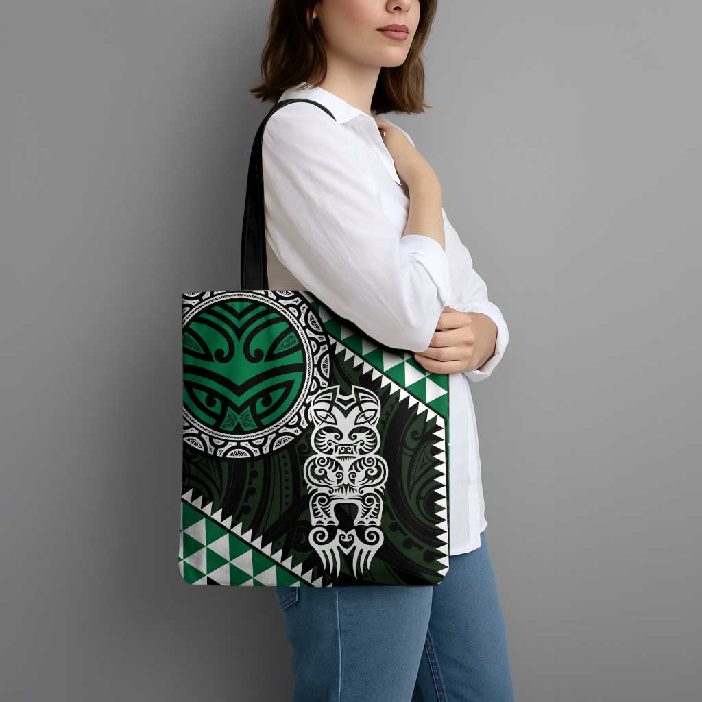 Green Aotearoa Niho Taniwha Tote Bag Maori Mythology Tooth - Taniko Motifs - Polynesian Pride
