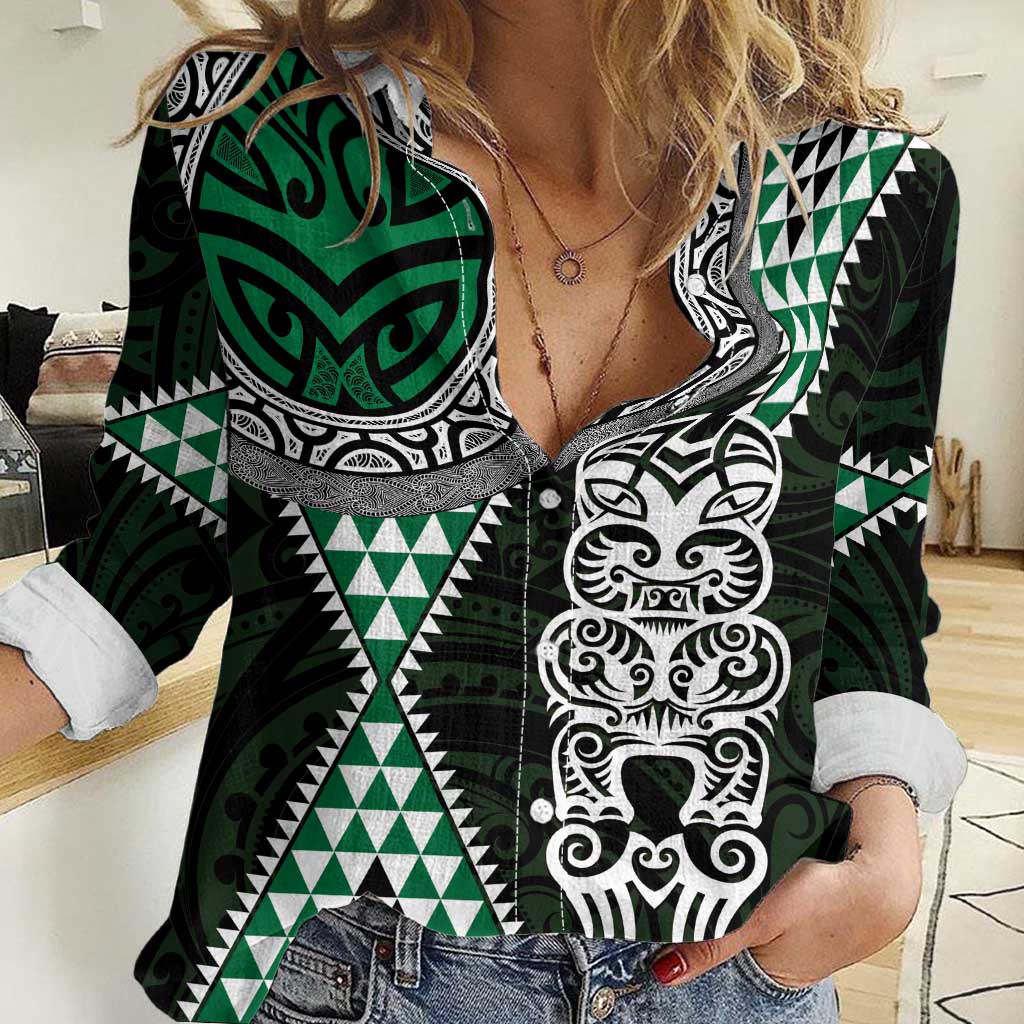 Green Aotearoa Niho Taniwha Women Casual Shirt Maori Mythology Tooth - Taniko Motifs