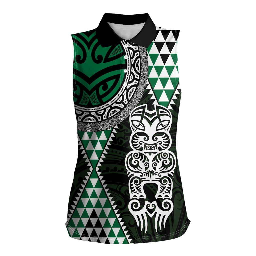 Green Aotearoa Niho Taniwha Women Sleeveless Polo Shirt Maori Mythology Tooth - Taniko Motifs