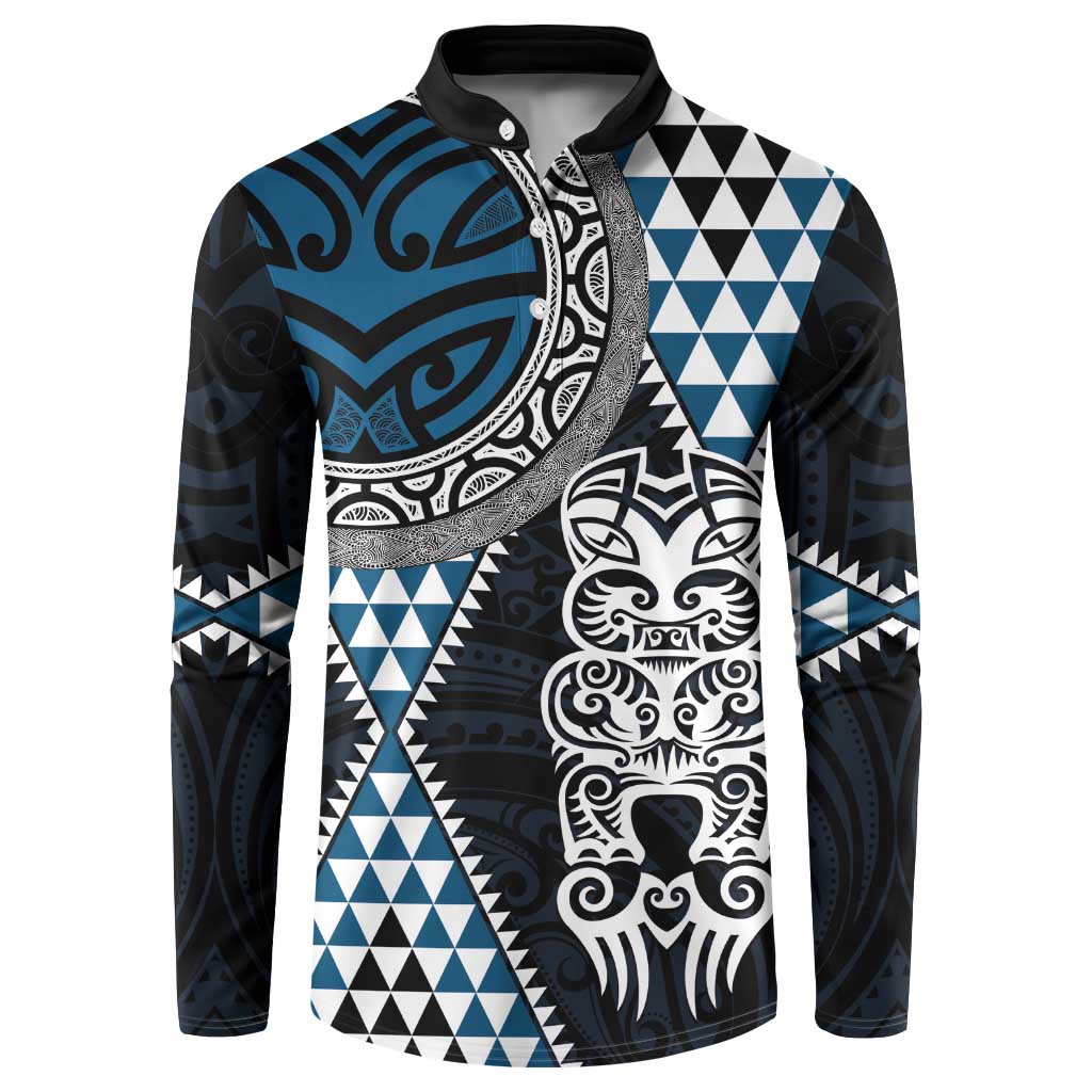 Blue Aotearoa Niho Taniwha Button Sweatshirt Maori Mythology Tooth - Taniko Motifs